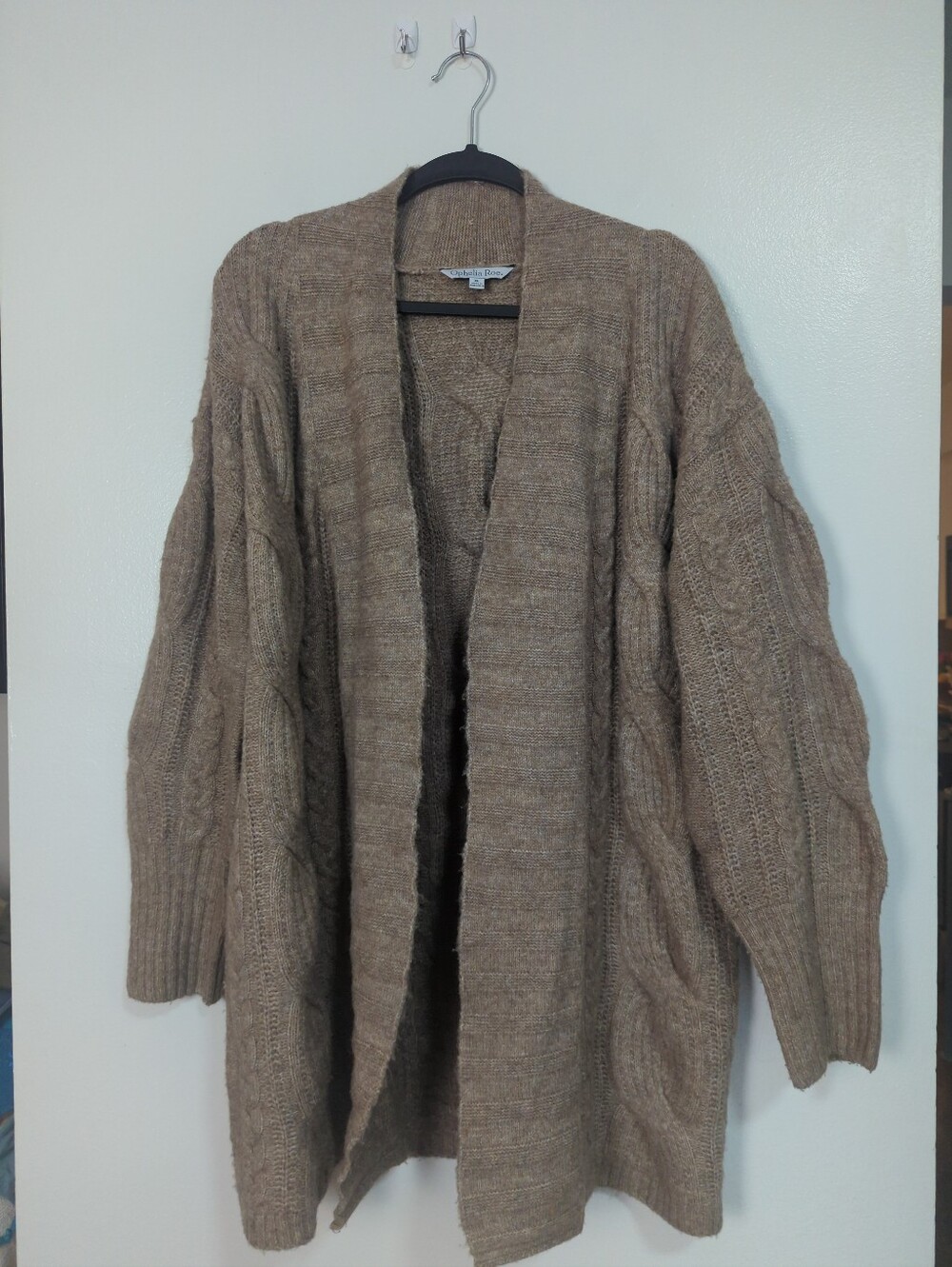 Ophelia Roe Size XL Beige Chunky Cable Knit Open Front Cardigan Sweater